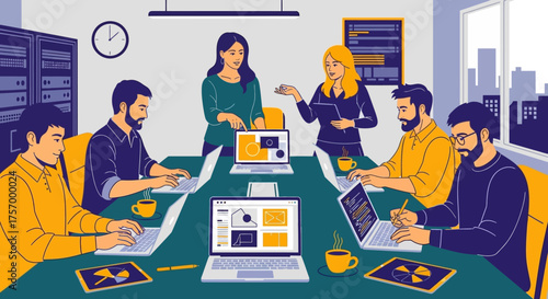 Team Meeting Around Table with Laptops Coffee Cups.