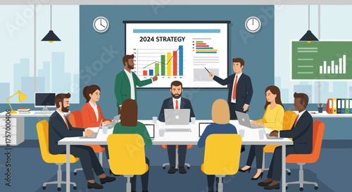 Business Team Meeting Discussing 2024 Strategy Presentation.