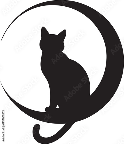 Mystical black cat silhouette sitting on a crescent moon