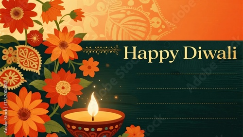 Wallpaper Mural Green and orange Diwali banner with flowers, diya, and lined space for text. Handy for flyers, coupons, web headers, and social posts that need cheerful seasonal messaging and structure. Torontodigital.ca