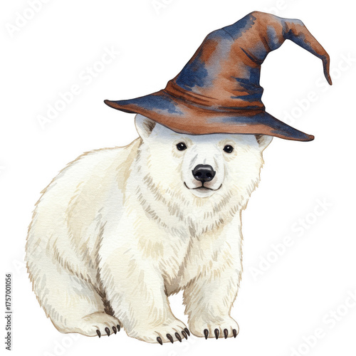 Watercolor polar bear cub wearing a brown and blue pointed wizard hat isolate