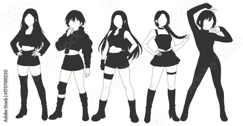 Set silhouette illustrations of kpop idols singing and dancing on stage. Flat vector kpop music star. Modern group dancers with various different styles, poses and choreography. Korean pop cultures.