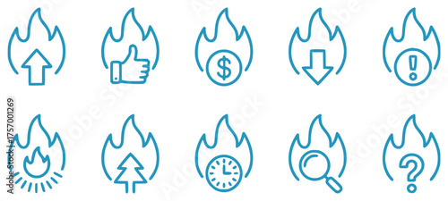Collection of Blue Line Icons Representing Hot Topics and Concepts
