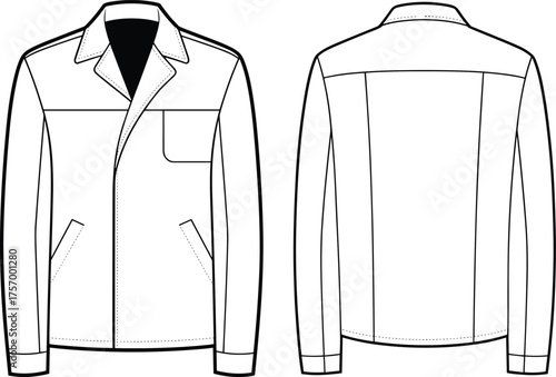 Men's jacket technical sketch, front and back view, notched collar, welt pockets, yoke detail, garment construction, fashion design, cad drawing flat vector illustration