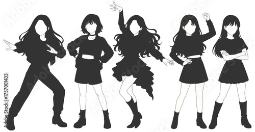 Set silhouette illustrations of kpop idols singing and dancing on stage. Flat vector kpop music star. Modern group dancers with various different styles, poses and choreography. Korean pop cultures.
