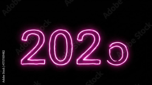 Hand-Drawn Neon Wireframe Animation of 2026 , Glowing Pink Line Sketch on Black 
Background 