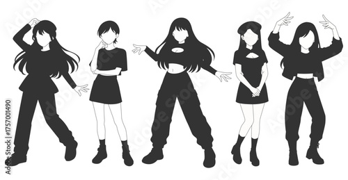 Set silhouette illustrations of kpop idols singing and dancing on stage. Flat vector kpop music star. Modern group dancers with various different styles, poses and choreography. Korean pop cultures.