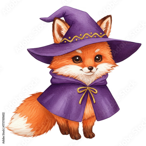 Cute watercolor fox cub wearing a purple wizard hat and matching cape isolate