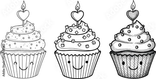 Cute cupcakes illustration, happy birthday dessert, smiling cartoon cakes, celebration food art, sweet bakery drawing, festive candle design, adorable party treat