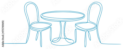 Minimalist Blue Line Art of a Bistro Table and Two Chairs