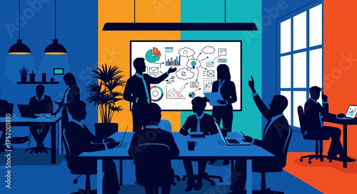 Business Team Meeting with Presentation and Charts.