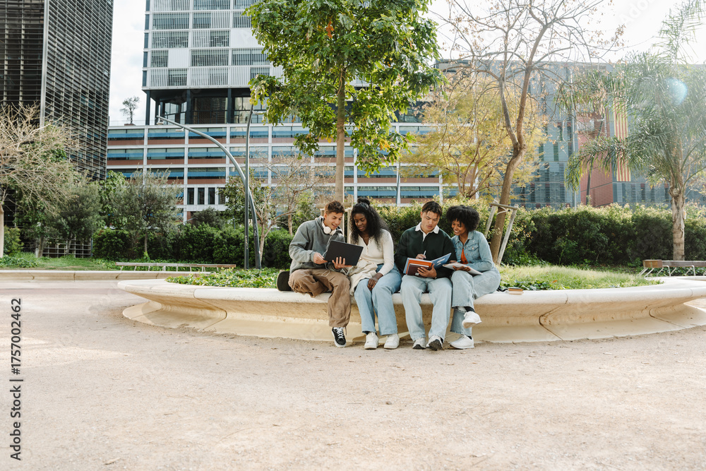 Obraz premium A group of four students sit and smile while looking in pairs at a laptop and notebook