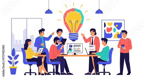 Team Brainstorming Session with a Large Lightbulb Idea.