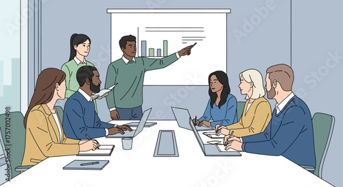 Business Team Meeting with Presentation and Laptops.