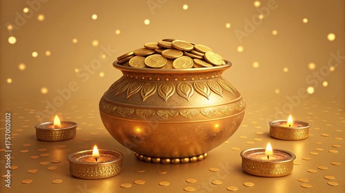Golden Kalash Overflowing with Coins Surrounded by Diyas and Sparkles During Diwali Celebrations