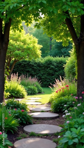 Wallpaper Mural Tranquil backyard oasis featuring lush greenery, a stone pathway, and meticulously manicured flowerbeds  Perfect for relaxation and outdoor living ,  scenery,  design Torontodigital.ca