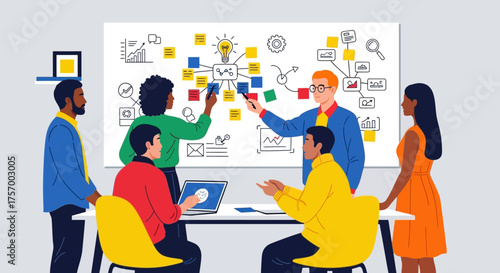 Diverse Team Brainstorming Ideas Around Whiteboard in Meeting.