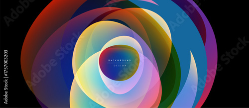 Abstract colorful layers create dynamic circular design. Bright hues blend, forming vibrant visual impact. Modern, flowing composition.