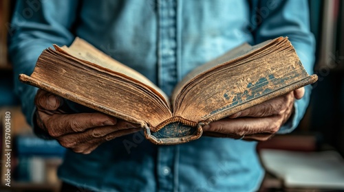 A man is reading a book in a bright room, the cover is neutral in color