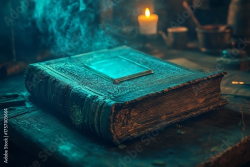An intriguing book lies on a dark surface, surrounded by swirling blue smoke that evokes a mystical ambiance, as this artwork highlights fantasy components and distinctive textures