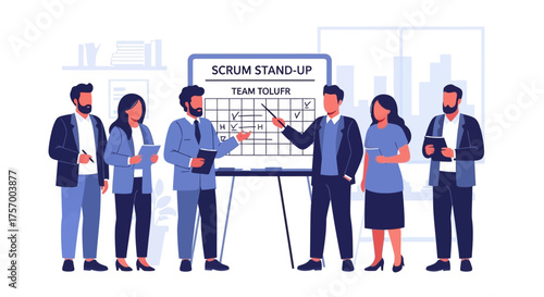 Team Members Conducting Scrum Stand-Up Meeting Illustration.