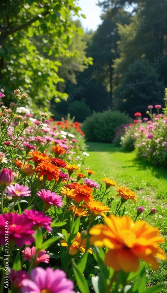 Fototapeta premium Vibrant, colorful patch garden bursting with blooming flowers and lush greenery in a sunny backyard Perfect for gardening, nature, and spring themes , texture, sunlight, blossom