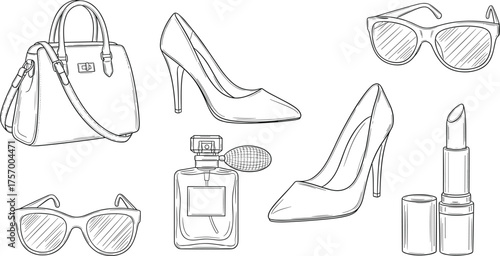 Fashion accessories illustration, handbag sketch, high heels drawing, sunglasses design, lipstick art, perfume bottle sketch, beauty items, stylish vector artwork