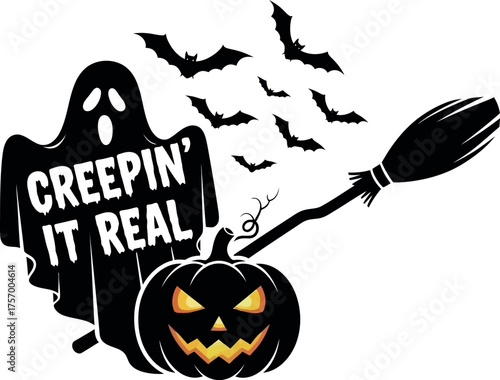 Spooky halloween ghost bats broom pumpkin with creepin it real message for festive decor vector