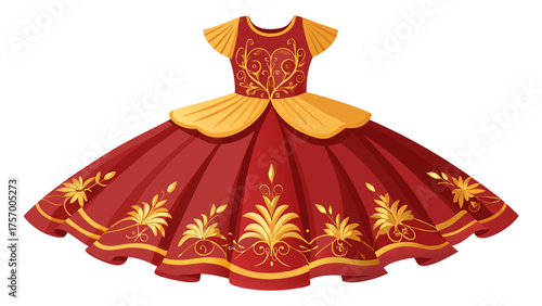 Very beautiful crimson and gold dress with delicate floral embroidery on soft tulle layers, shimmering under studio light, elegant and festive children’s outfit against clean white background, perfect