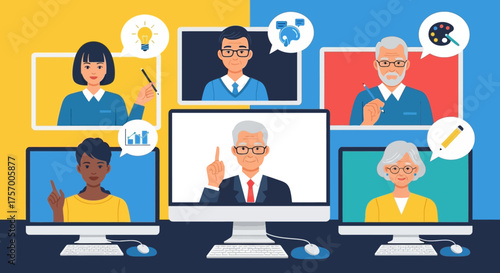 Online Meeting of Diverse People on Computer Screens.