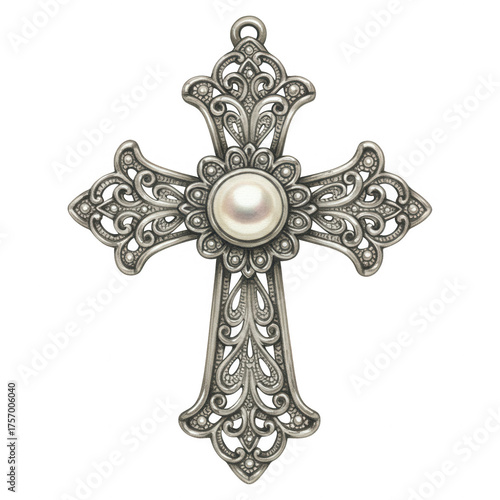 Ornate antique silver religious cross pendant featuring a central round white pearl isolate