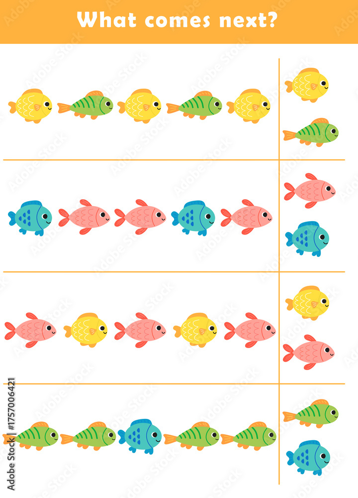 Naklejka premium What comes next? Educational logic game for kids with cute fish illustration. Worksheet for children.