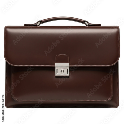 Classic brown leather briefcase with silver clasp isolated on transparent background