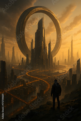 Sci-fi city with giant circular structure above skyscrapers, golden sunset atmosphere, and surreal futuristic environment concept..