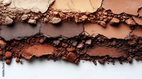 Close up view of cracked brown clay fragments showing drying process layered textures tonal variations and natural geological surface study