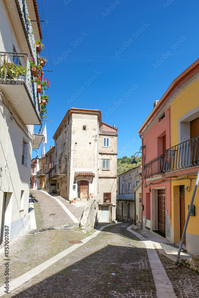 Obraz premium A narrow street among the old houses of Casalbuono, a village in the province of Salerno, Italy.