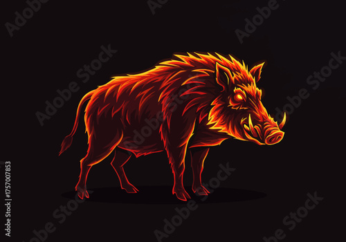 An illustration of a wild boar with sharp tusks and fiery mane in the dark