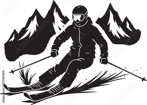 Black and white graphic of skier descending mountain slope