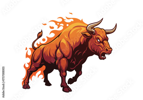 Fierce bull illustration with fiery flames surrounding its muscular body in a dynamic pose