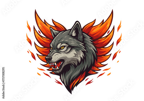 Fierce wolf head illustration with fiery orange flames surrounding it, dynamic motion, close-up viewpoint