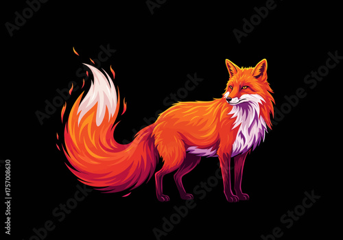 A vibrant red fox stands proudly with its fluffy tail, an illustration of wild beauty and cunning, viewed from a slight angle.