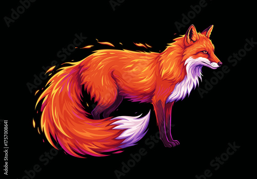 Vibrant fox illustration standing in profile with fiery orange fur and white markings