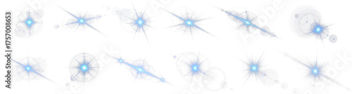 Vibrant blue sparkle PNG pack with radiant beams and glowing highlights. Bright flares create futuristic elegance and dynamic energy. Perfect for digital design, abstract visuals, or neon compositions