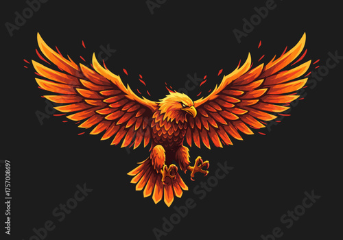 Vibrant phoenix rising with outstretched wings in fiery illustration from a dynamic front viewpoint