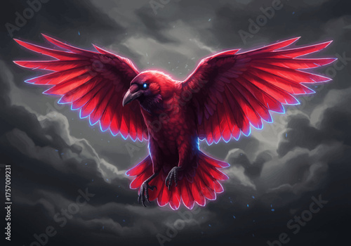 A majestic red parrot soars through a dramatic cloudy sky with outstretched wings, viewed from below.
