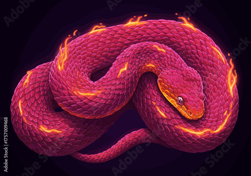 A vibrant red snake with fiery orange accents curled on a dark background in a digital illustration from a close-up viewpoint