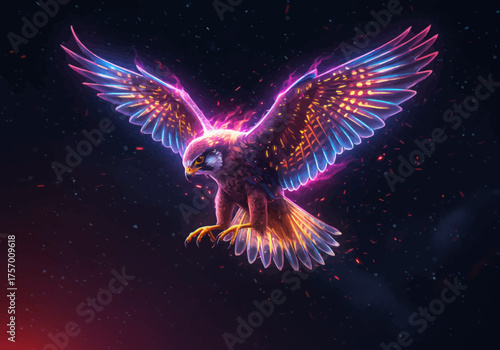 Vibrant Eagle Soars Through Cosmic Space with Outstretched Wings and Glowing Feathers