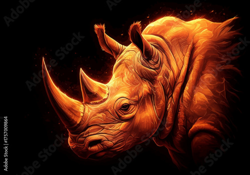 A majestic rhinoceros head is illustrated in vibrant orange tones against a dark background from a side viewpoint.