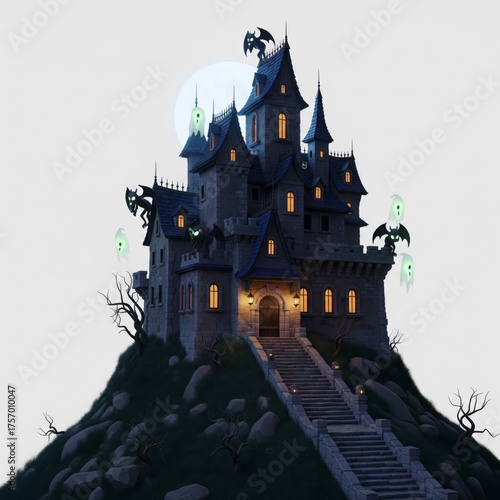 Pixel Art Spooky Castle on Hill with Bats and Ghosts under Full Moon