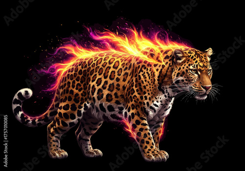 Fiery Leopard: A Majestic Feline with Burning Flames.
